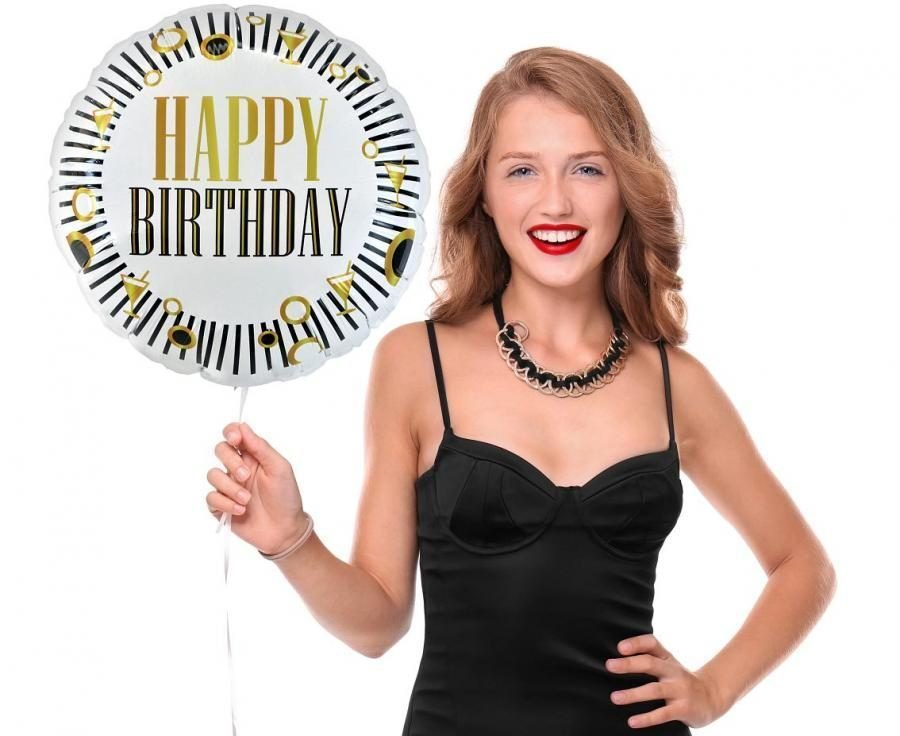 Balon din folie Cerc 48 cm (19") Happy Birthday alb cu negru GO - imagine 2